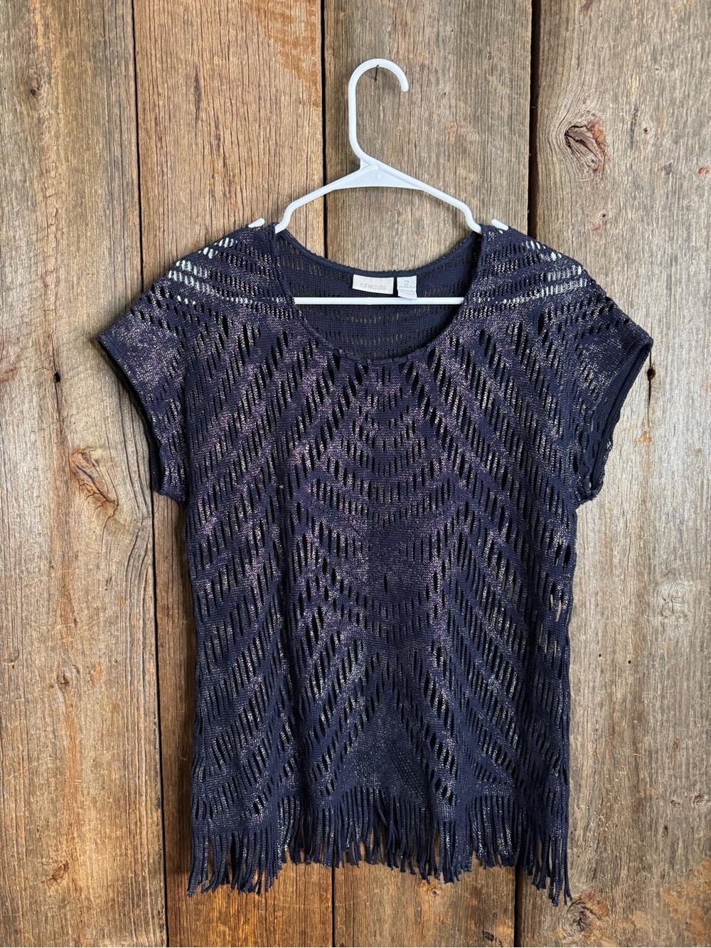 Chico's Navy Open-Knit Short Sleeve Fringe Top